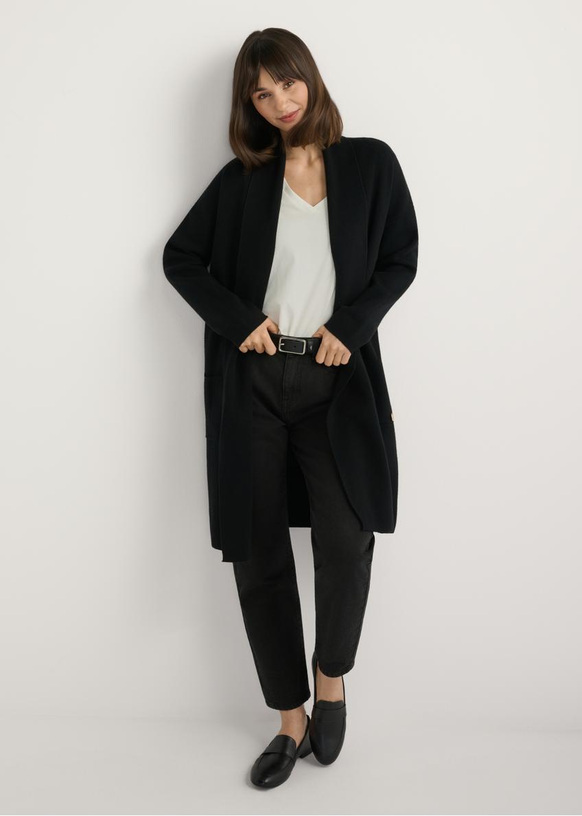 Black women's basic cardigan KARDT-0041-99(W25), front view of the product on the model. Full body visible.