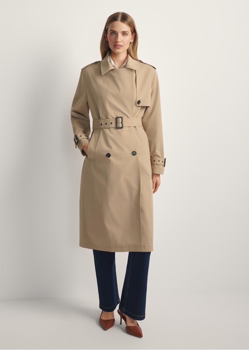 Long beige women's coat KURDT-0512-1C(W26), front view of the product on the model. Full body visible.