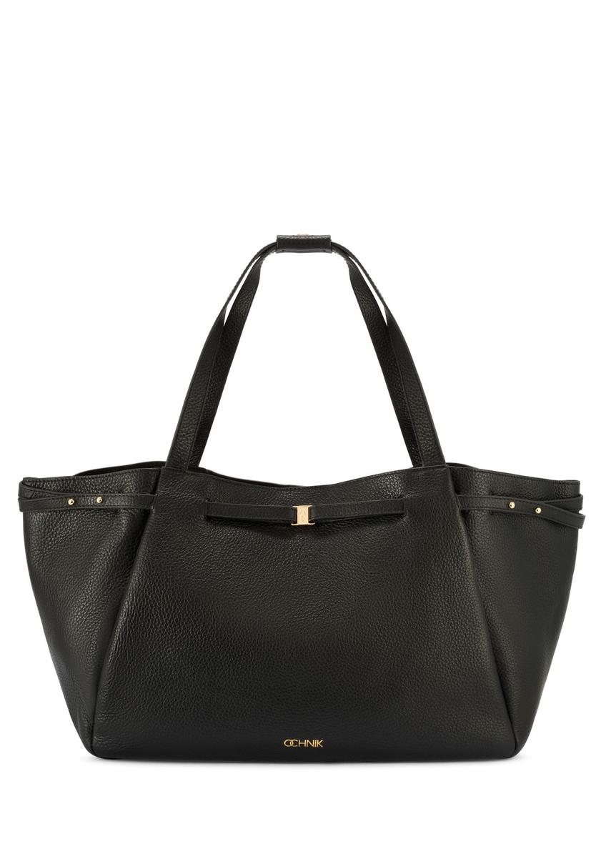 Black leather shopper bag TORES-1207-9I(W26) - front product view, on a white background.