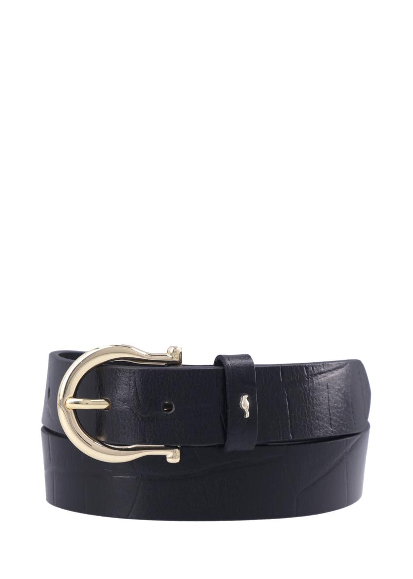 Women's black leather belt with animal motif PASDS-0274-9G(Z26), front product view on white background.
