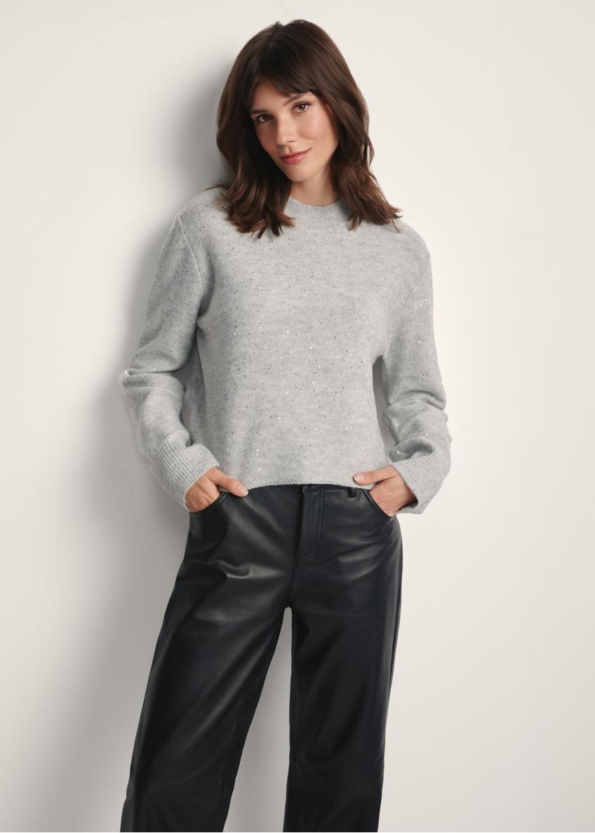 Women's gray sequined sweater SWEDT-0243-66(Z25), front view of the product on the model. Half of the silhouette visible.