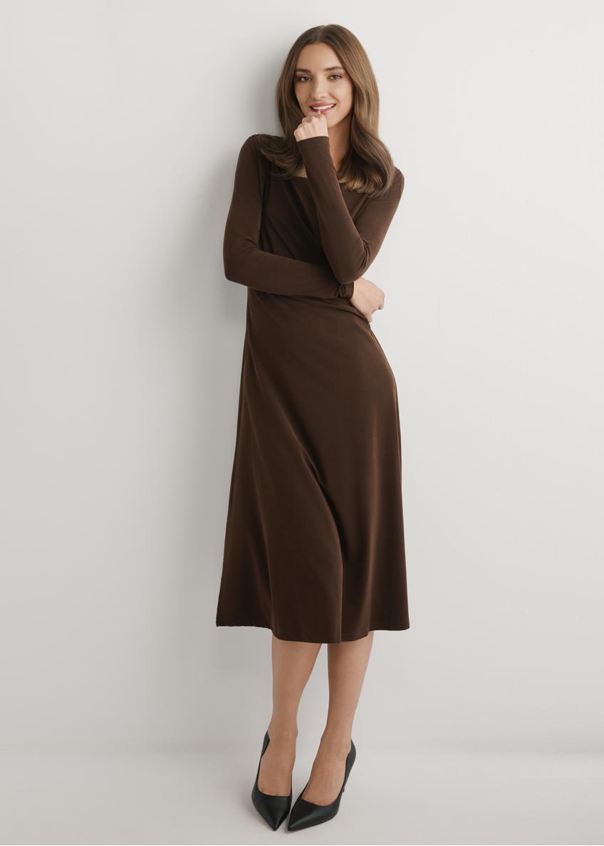 Brown modal midi dress SUKDT-0259-1I(W26) - front view of the product, on a model, against a light background. The entire silhouette is visible.
