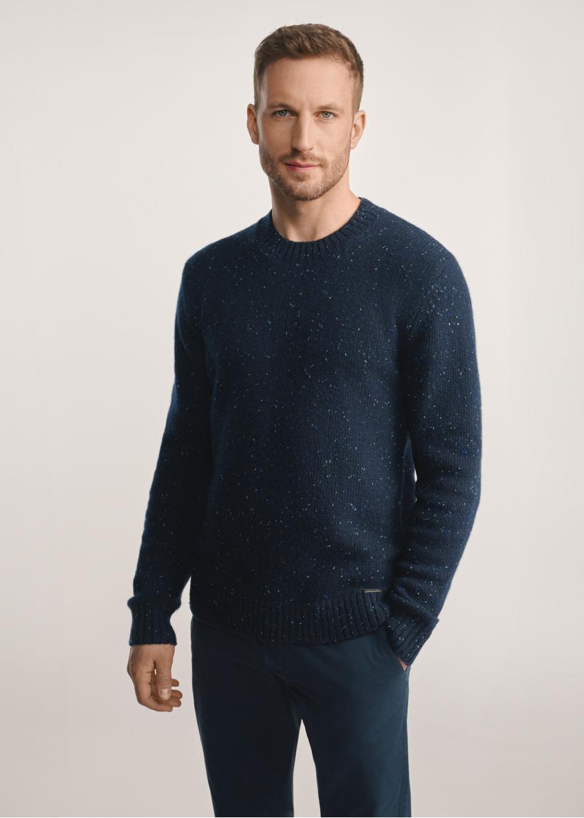 Navy blue men's wool sweater SWEMT-0173-7E(Z26), front product view on the model, the entire silhouette is visible.