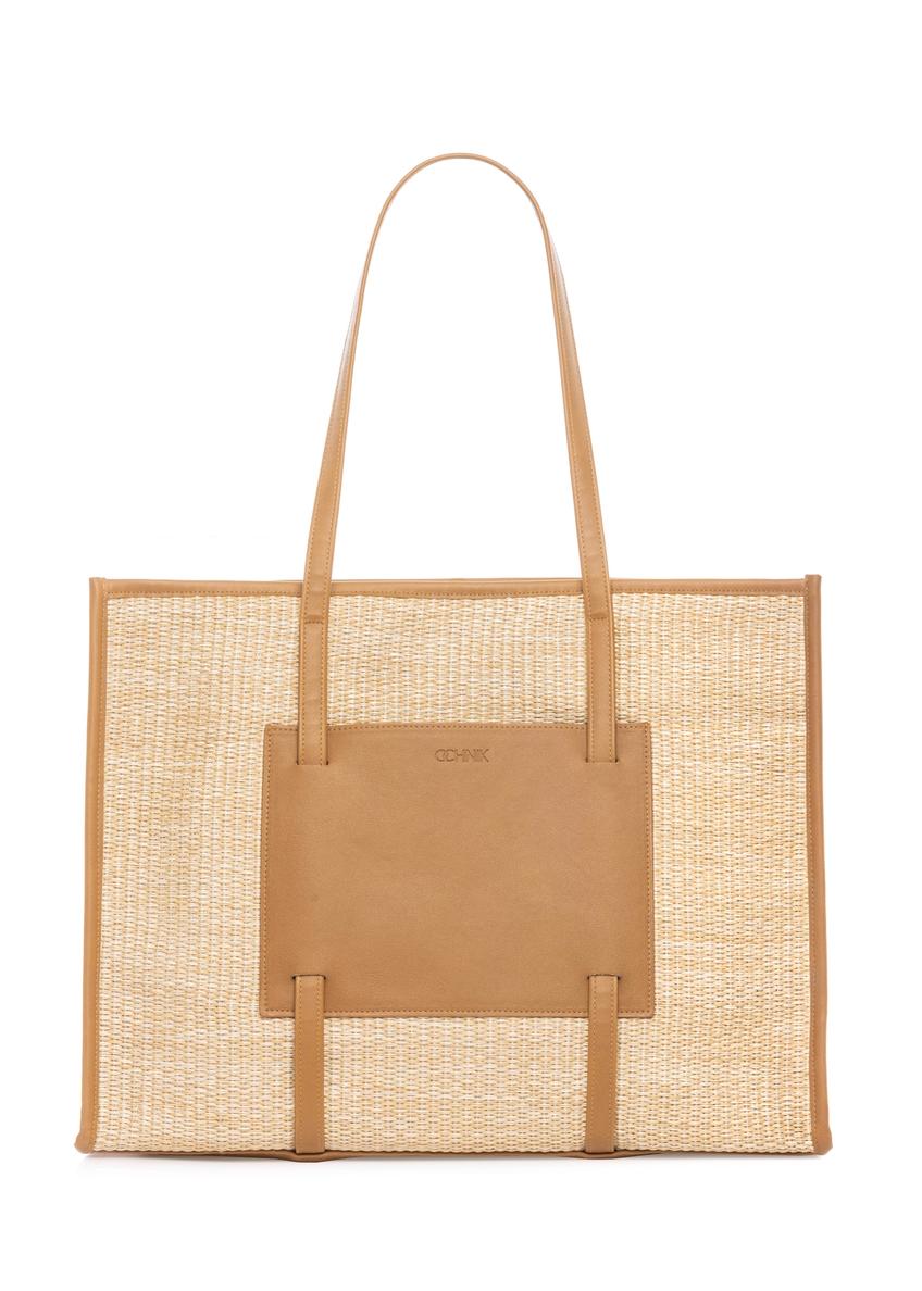 Large women's straw handbag TOREC-1224-1E(W26) - front product view, on white background.