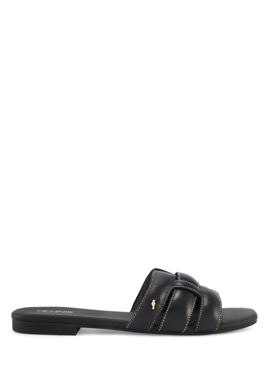 Women's black leather slides with braid BUTYD-1225-99(W26), side view of the product on a white background.