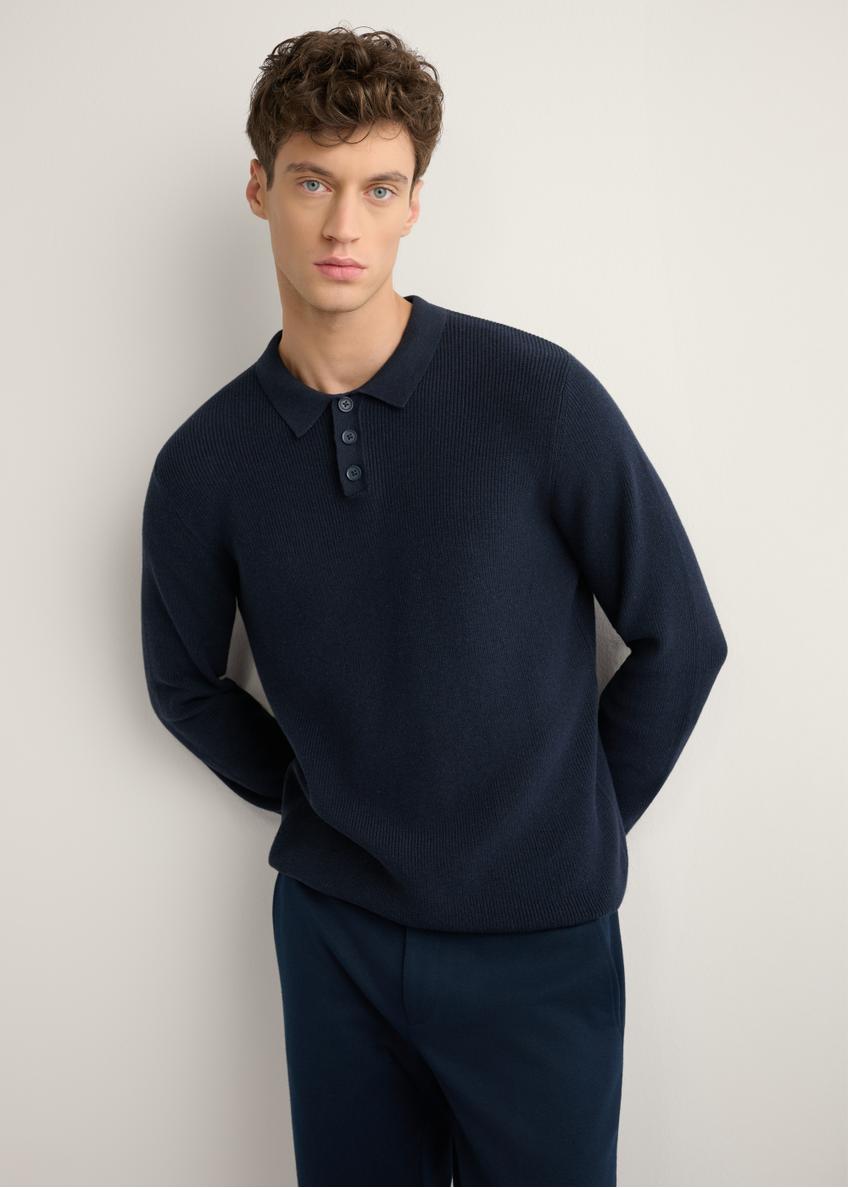 Navy blue cotton men's sweater SWEMT-0188-7E(W26), front product view on model. Half silhouette visible.