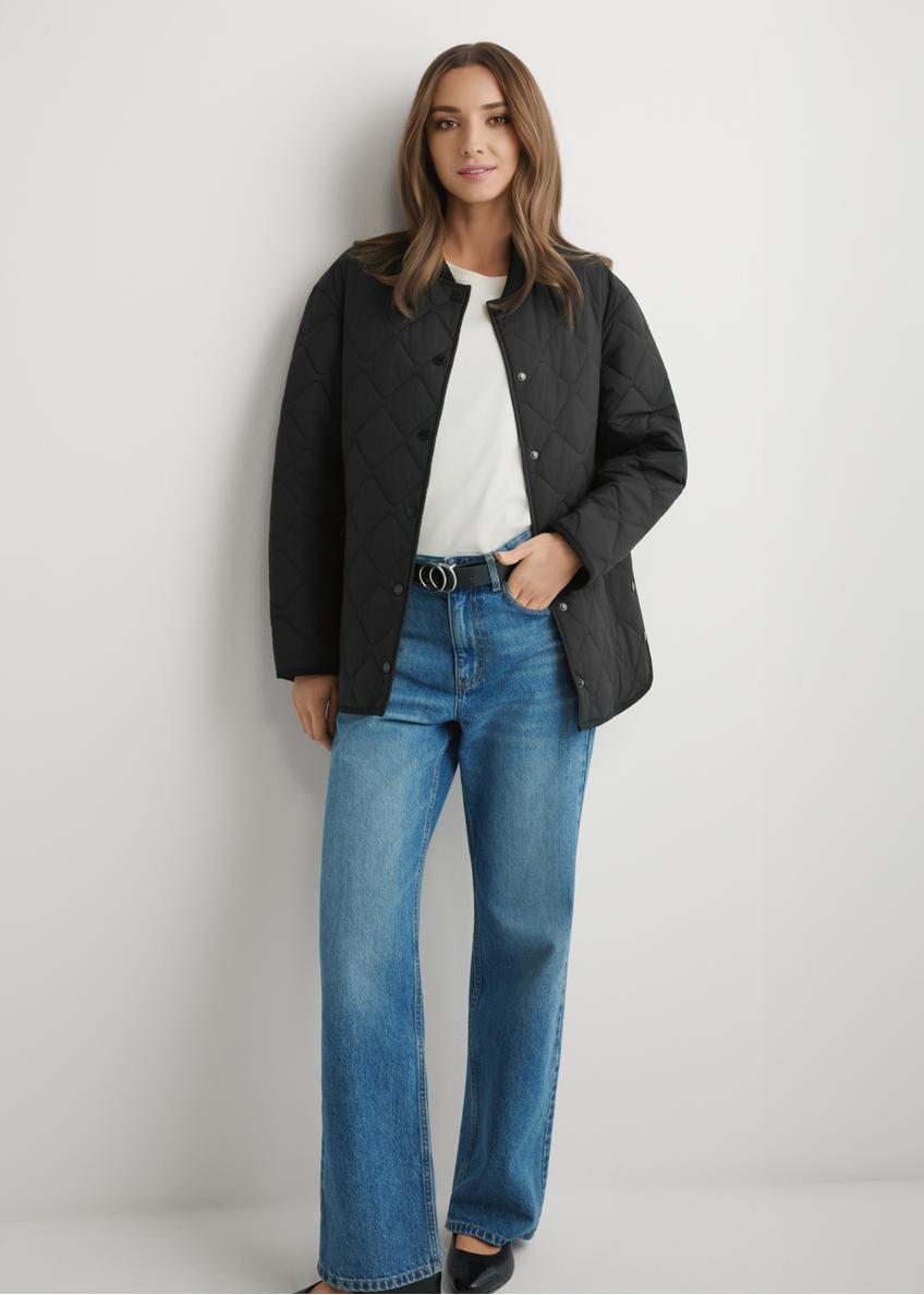 Women's black quilted jacket KURDT-0580-99(W26) - front view of the product, on a model, against a light background. Full body visible.