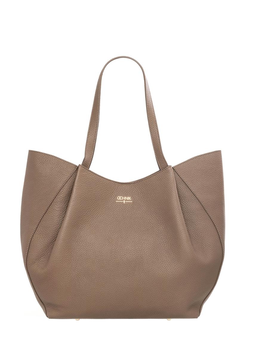 Women's leather shopper bag in cool beige color TORES-1358-1K(Z26), front product view on white background.