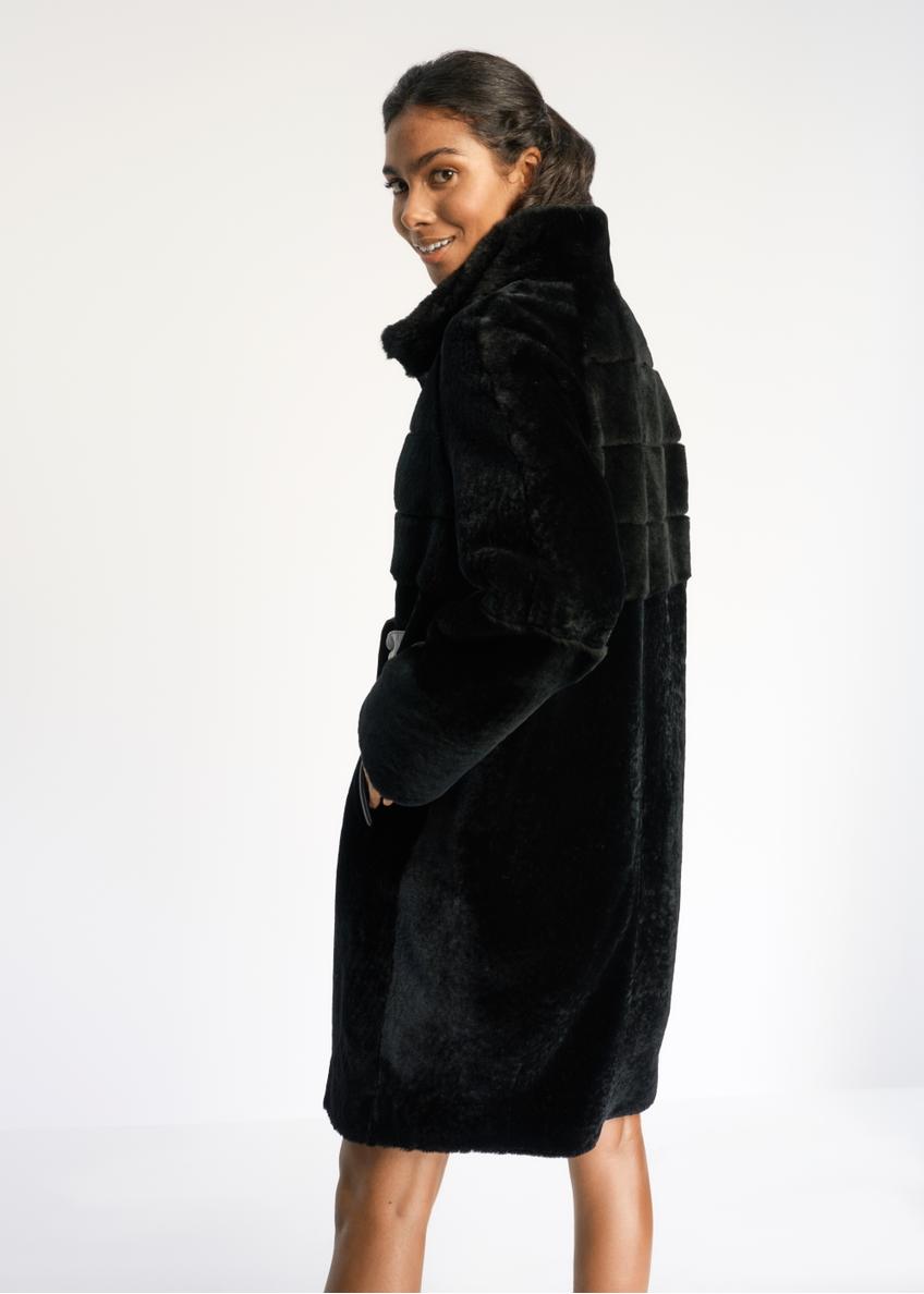 Women's black sheepskin coat with a belt KOZDS-0035-5402(Z24)