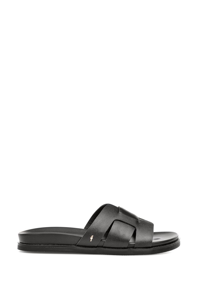 Women's black leather flip-flops BUTYD-1163-99(W25), side view of the product on a white background.