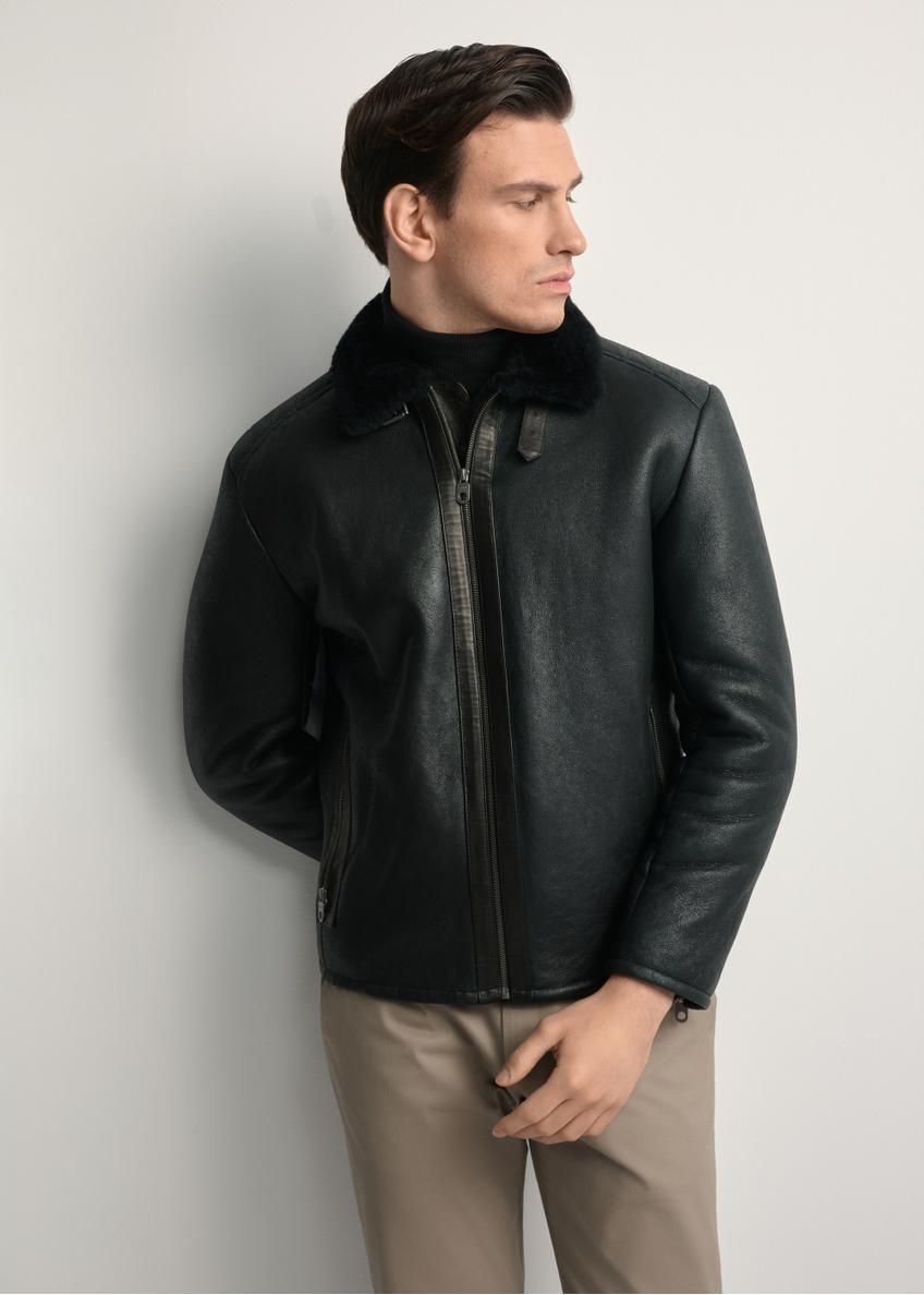 Men's sheepskin coat KOZMS-0001-1161(Z25), front view of the product on the model. Half of the silhouette visible.