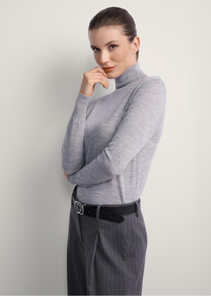 Women's gray wool turtleneck sweater SWEDT-0255-91(Z25), side view of the product on the model, half of the silhouette visible.