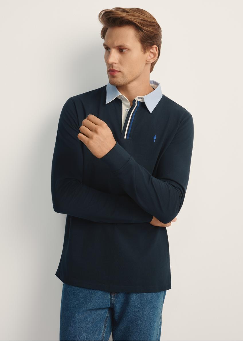 Men's navy blue longsleeve with collar LSLMT-0009-68(Z25), front view of the product on the model. Half of the silhouette visible.