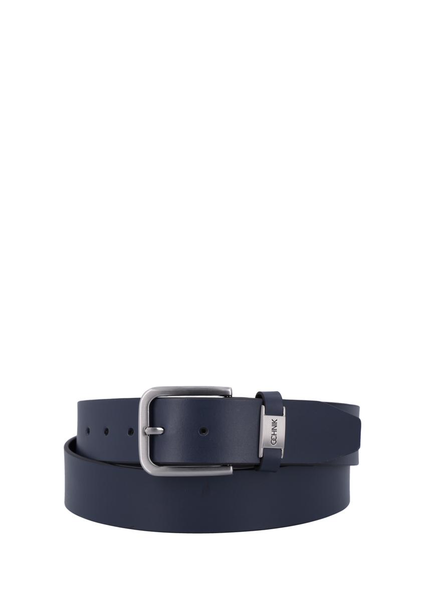 Navy blue men's leather belt PASMS-0273-69(Z26), product view from the front on a white background.