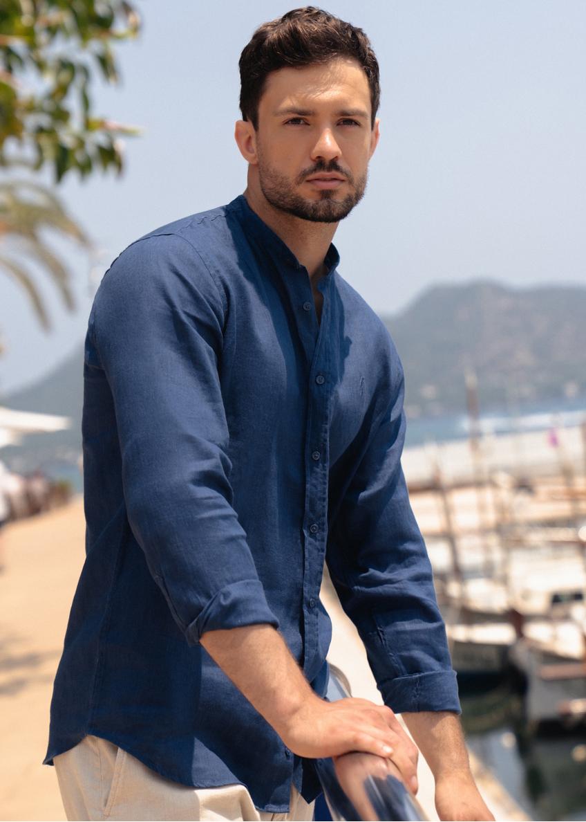 Dark blue linen men's shirt KOSMT-0337-61(W25)