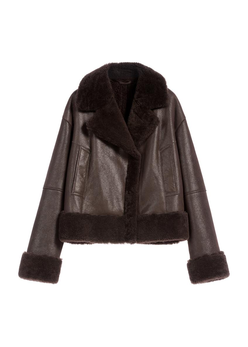 Women's brown leather sheepskin coat KOZDS-0096-3099(Z25), front product view on white background.