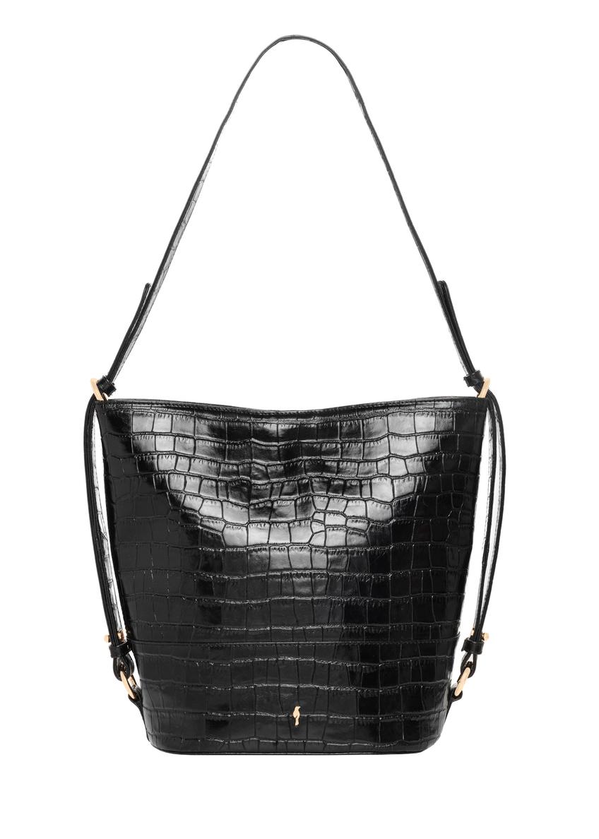 Black leather handbag with a crocodile-effect finish, model TORES-1417-9G(Z26); front view on a white background.