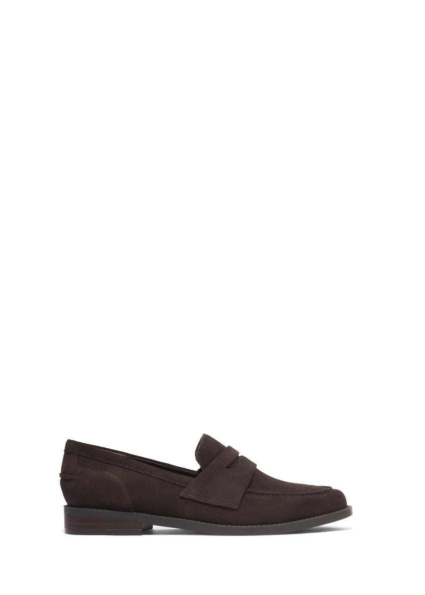 Women's dark brown suede moccasins BUTYD-1299-1I(Z26), side view of the product on a white background.