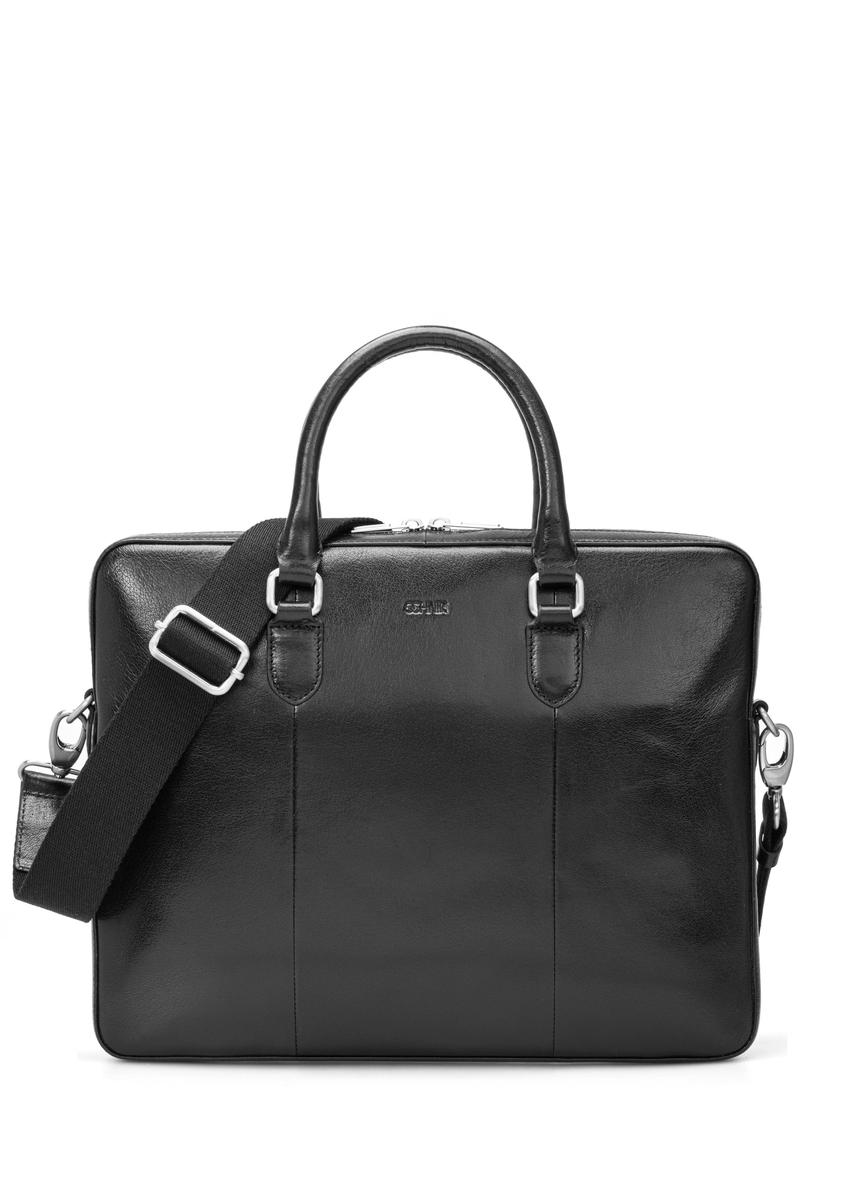 Black leather men's laptop bag TORMS-0506-99(W26) - front product view, on white background.