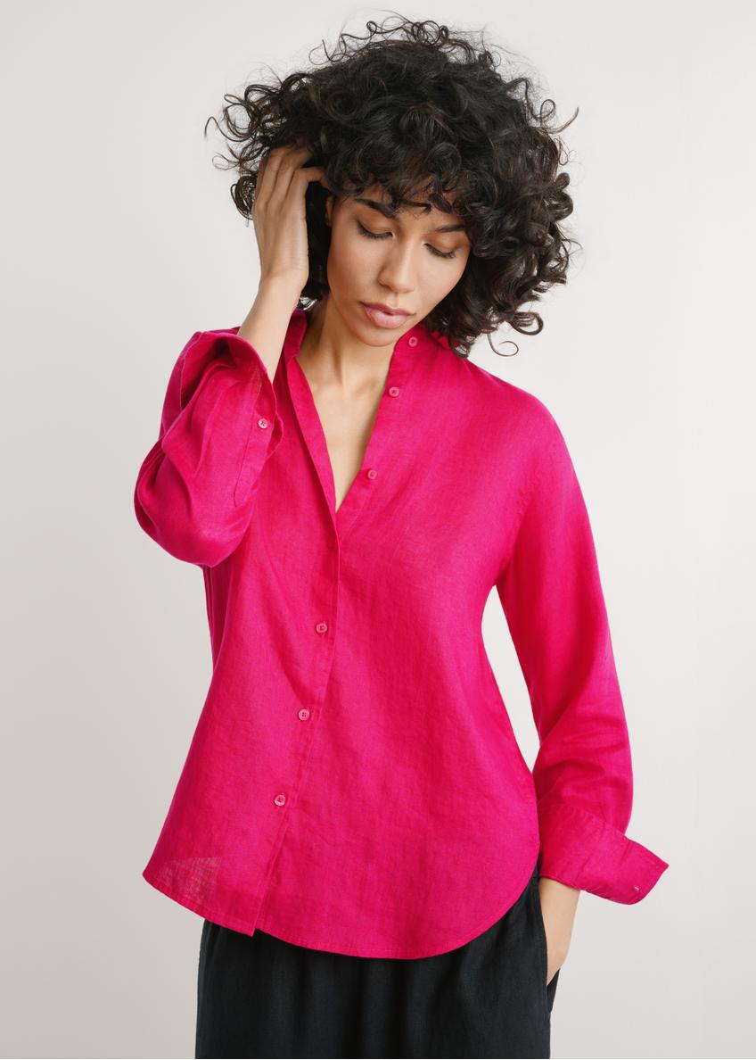 Women's fuchsia linen shirt KOSDT-0163A-5E(W26) - front view of the product, on a model, against a light background. Half-length silhouette visible.