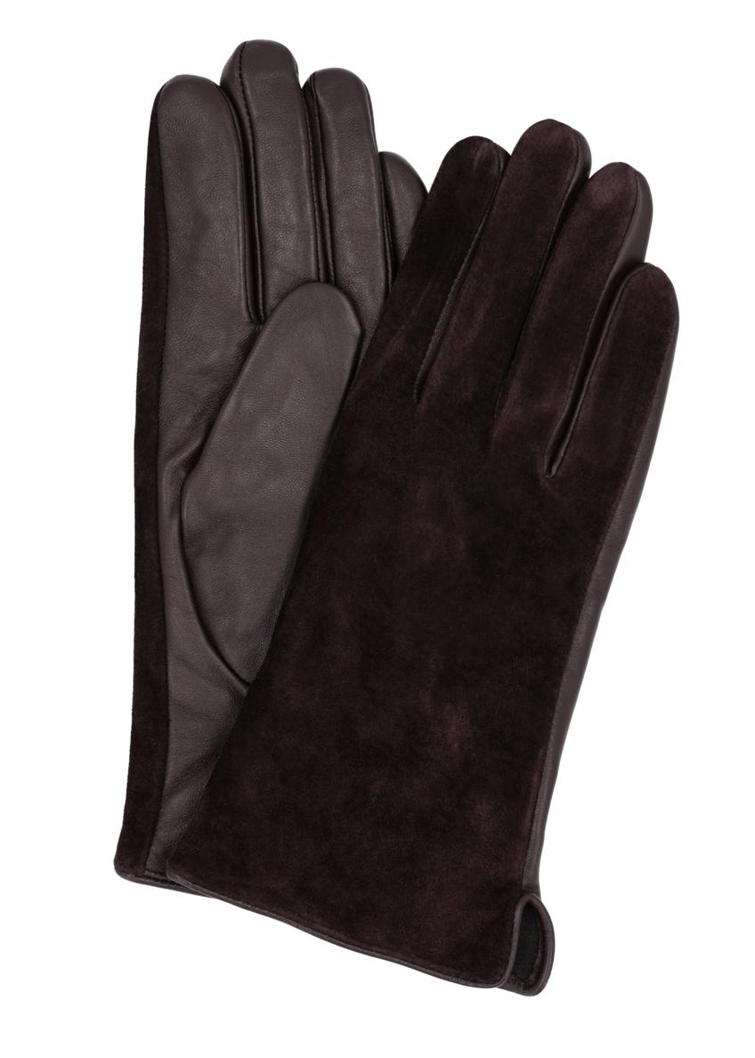 Women's brown suede gloves REKDS-0093-1I(Z26), front view on a white background.