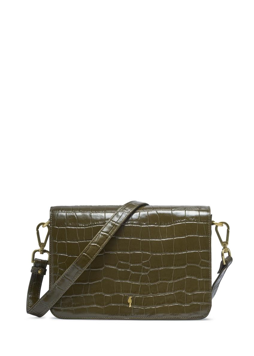 Women's leather croco handbag in khaki color TORES-1324-8D(Z26) - front product view, on white background.