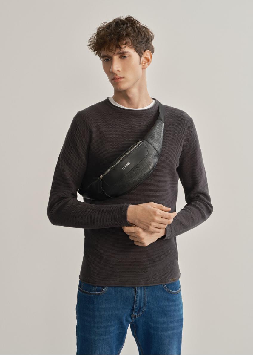 Men's black leather waist bag with logo TORMS-0295A-99(Z25)