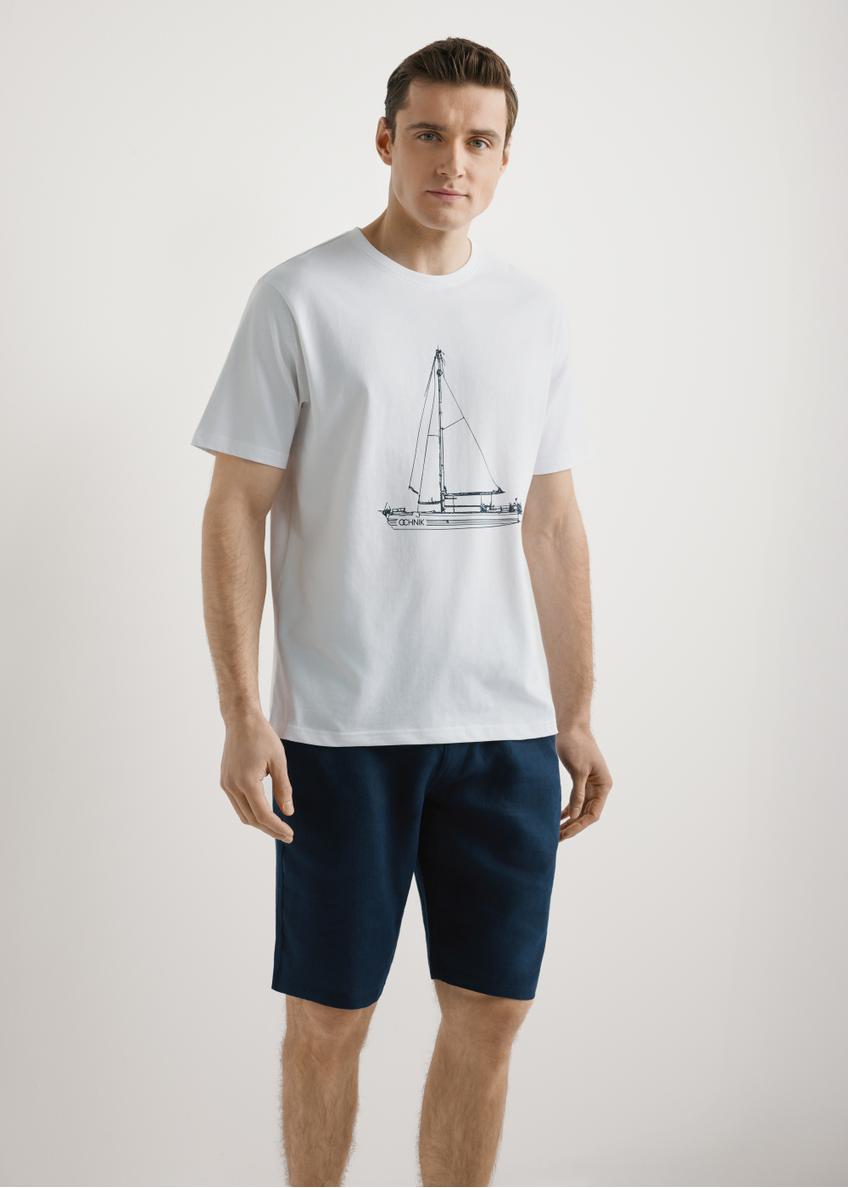 Men's white T-shirt with print TSHMT-0145-0A(W26), front view of the product on the model. Half of the silhouette visible.