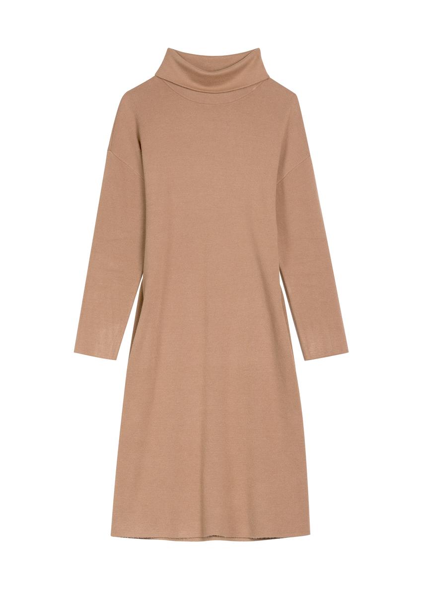 Camel-colored turtleneck dress SUKDT-0206A-1D(Z26), front view of the product on a white background.