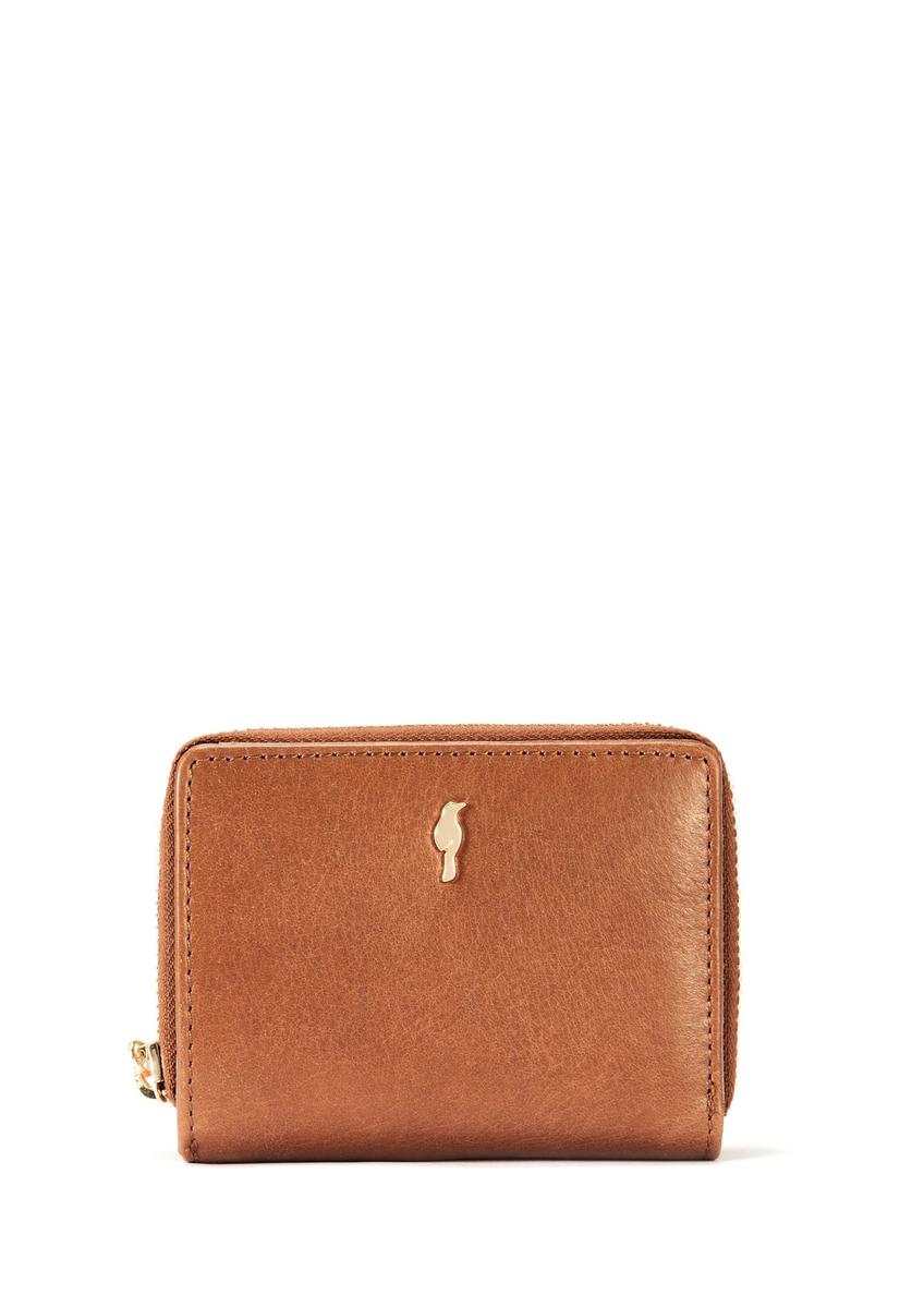 Small women's leather wallet in cognac color PORES-0963-1F(W26), front product view on white background.