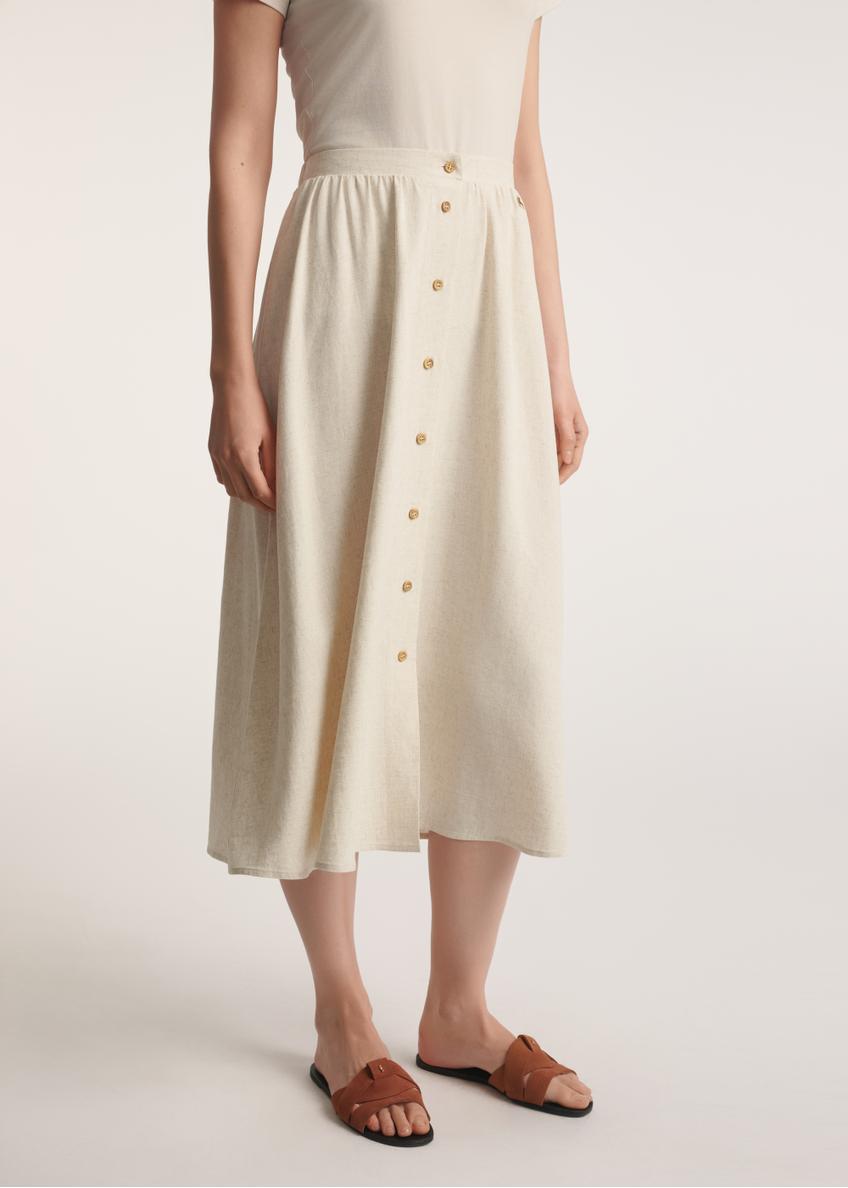 Beige midi skirt with linen SPCDT-0120-81(W25) - front product view on white background. Half of the silhouette visible.
