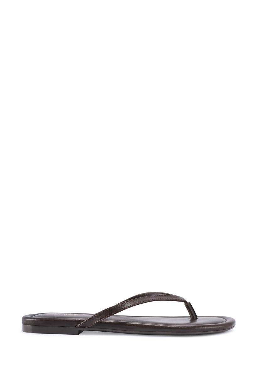 Women's dark brown leather flip-flops BUTYD-1271-1I(W26), side view of the product on a white background.