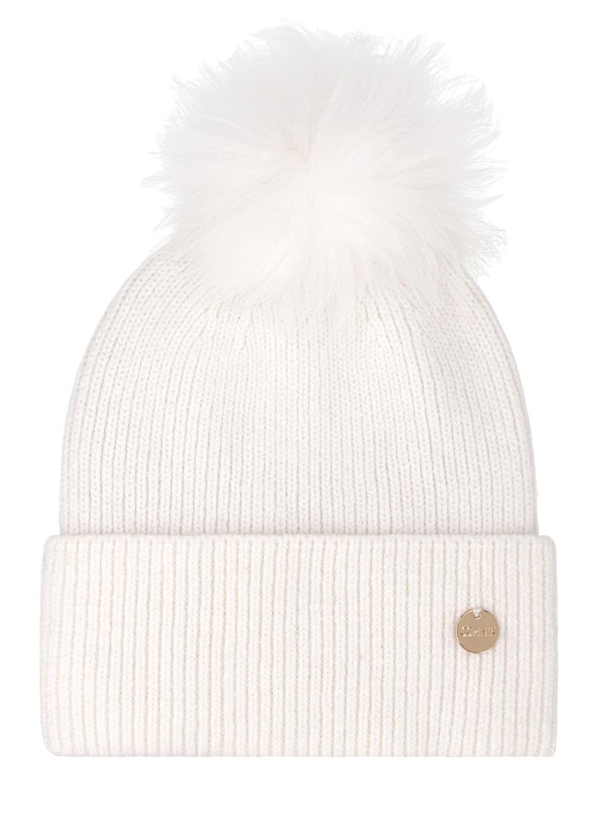 Women's ecru hat with fur pompom CZADT-0221-0B(Z26), front product view on a white background.