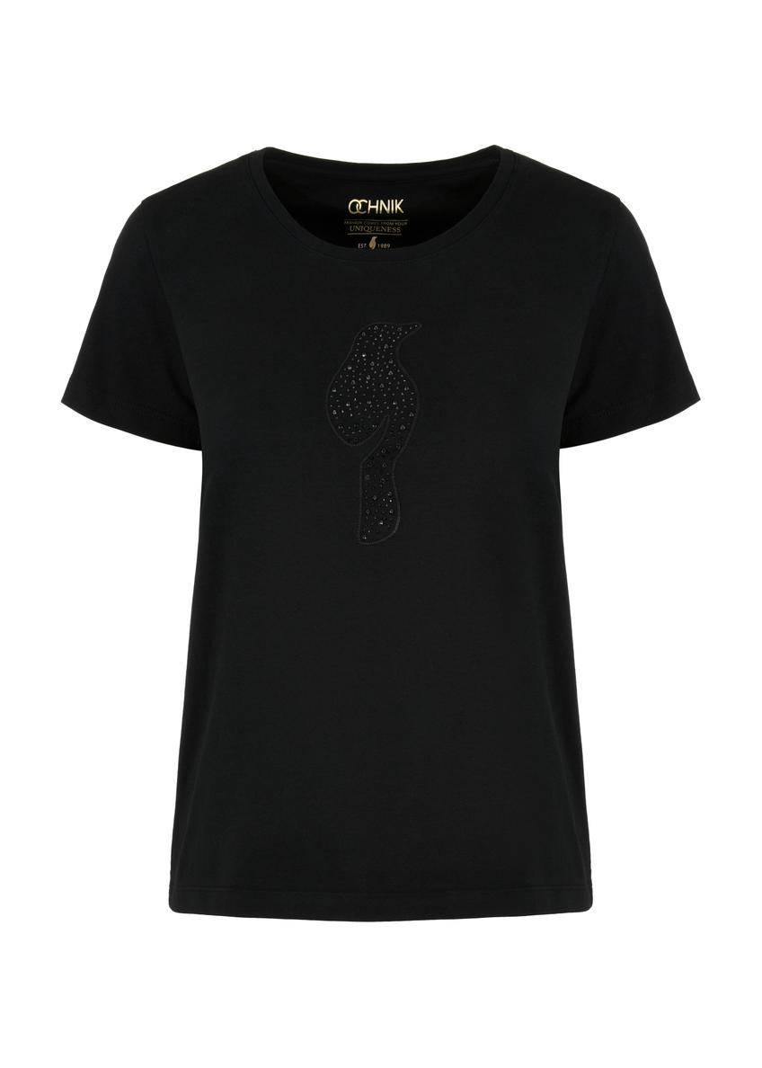 Women's black T-shirt with decorative oriole TSHDT-0123-99(W24)-03