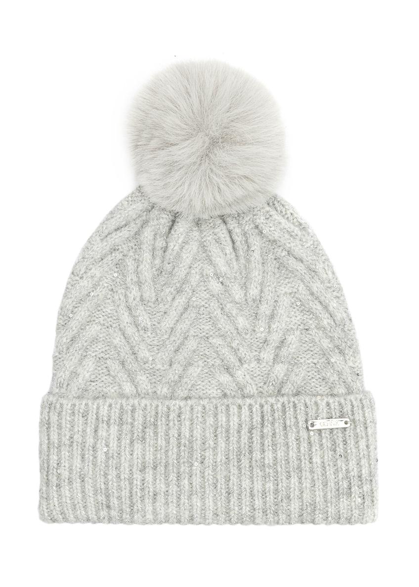 Gray women's hat with sequins and pompom CZADT-0175-66(Z25), front product view on white background.