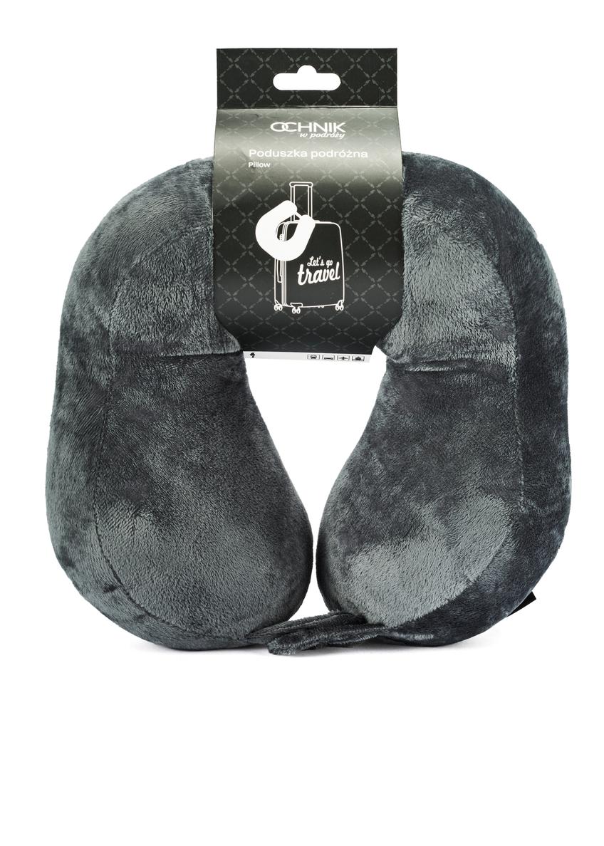 Gray travel pillow AW-014-0001-91(W25), front view of the product in the packaging on a white background.