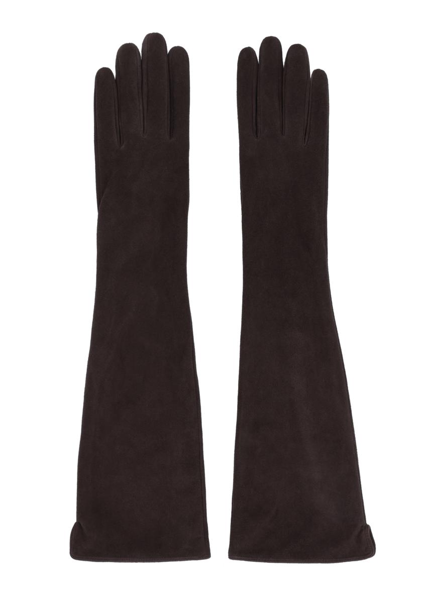 Long dark brown leather women's gloves REKDS-0088-1I(Z26)
