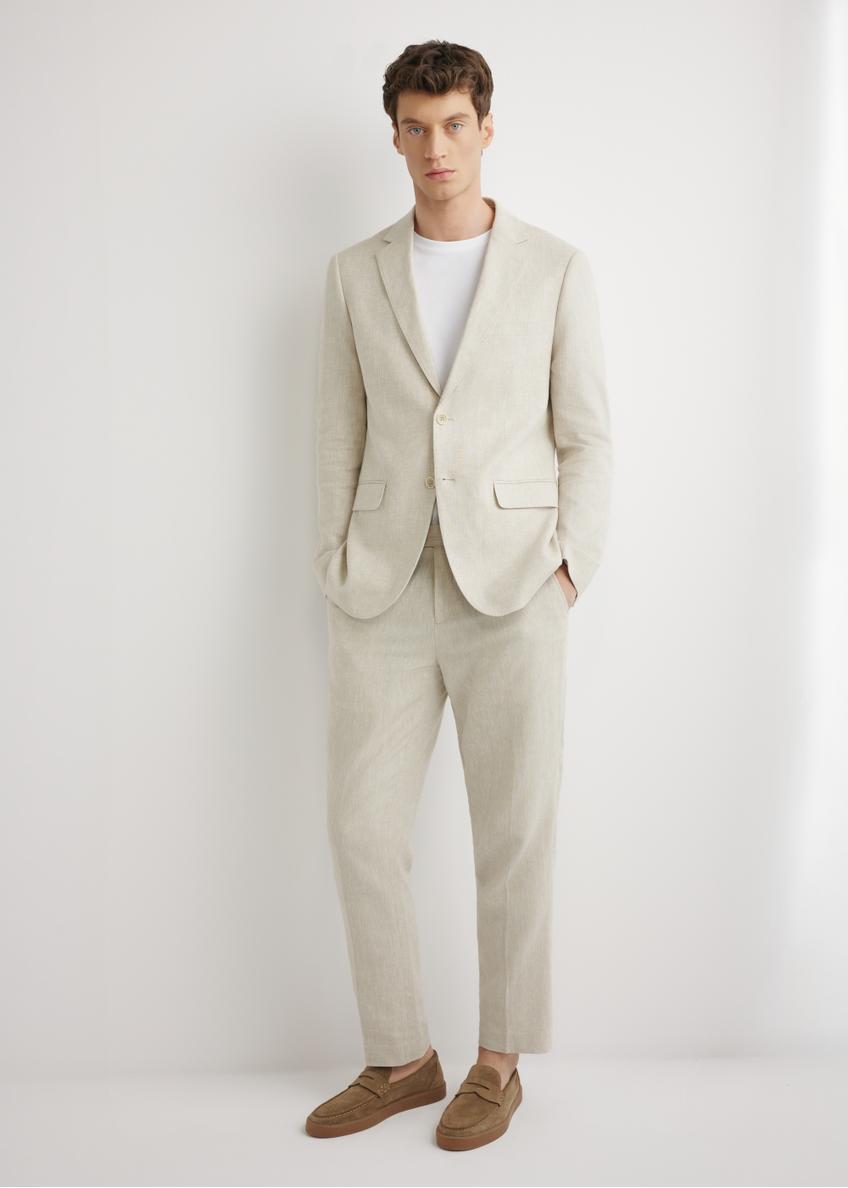 Men's beige herringbone suit trousers SPOMT-0117-1B(W26), front product view on model. Full body visible.