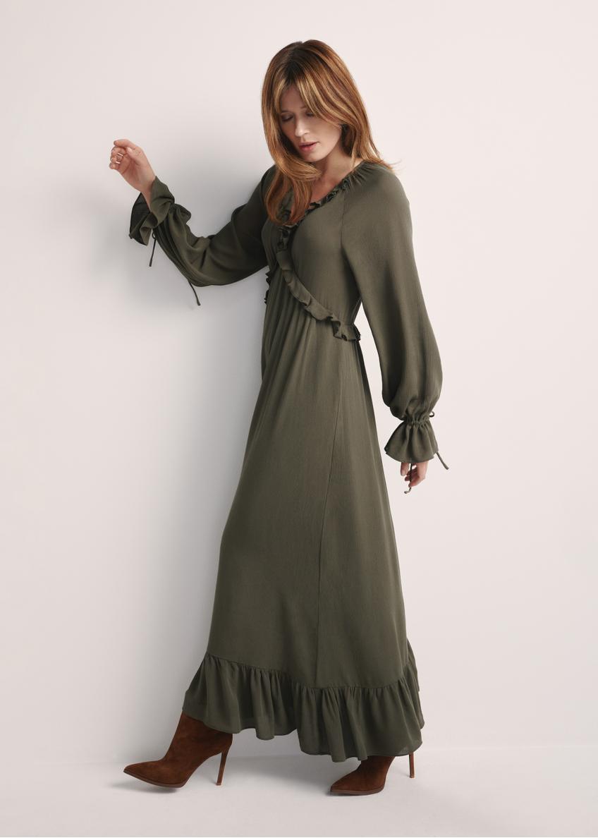 Maxi dress in khaki color SUKDT-0248-55(Z25). product visible from the side, the whole silhouette visible.