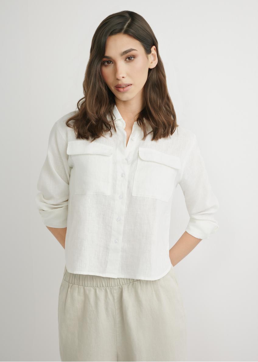 Women's white linen shirt KOSDT-0185-0B(W26), front view of the product on the model. Half of the silhouette visible.