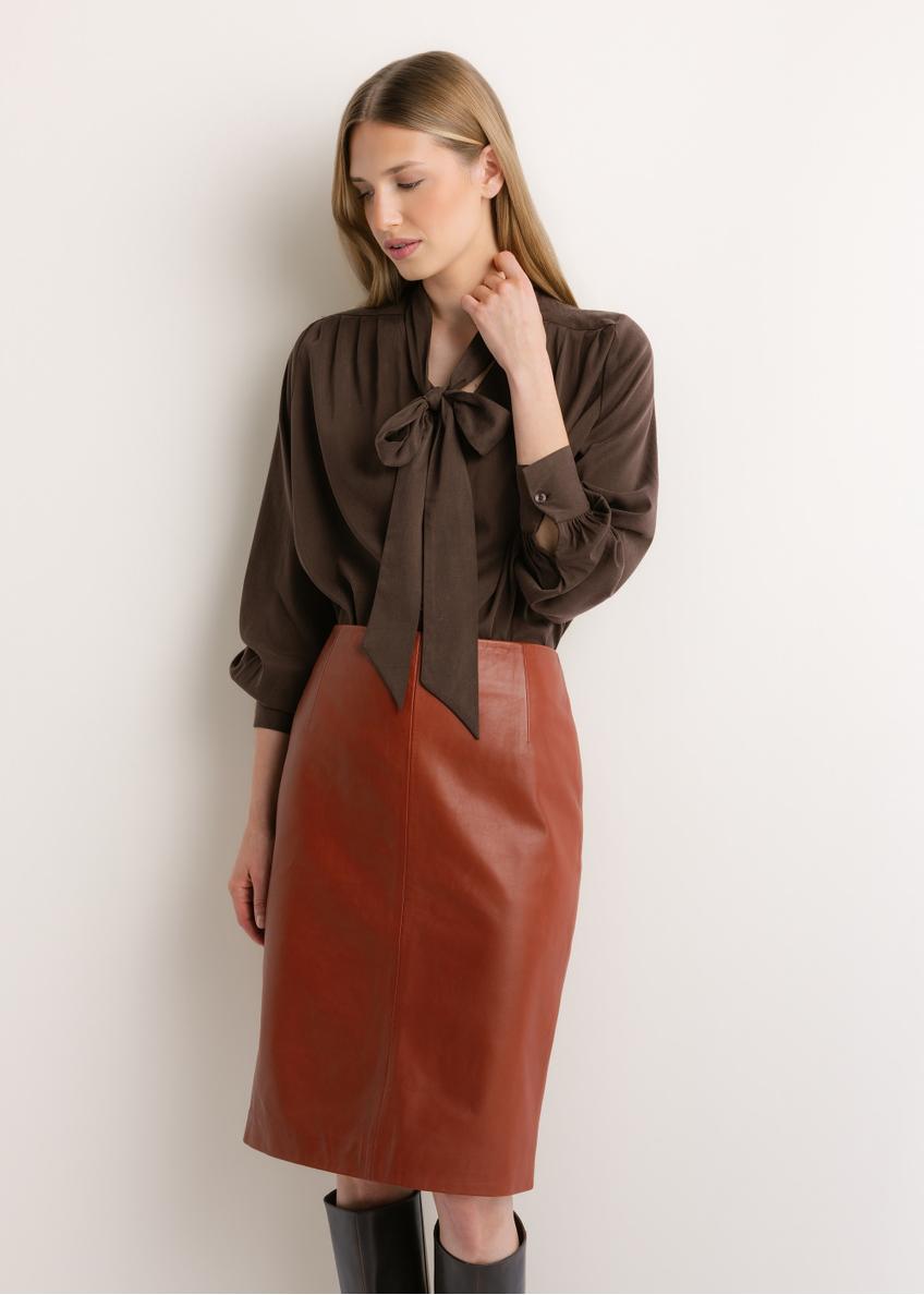 Brown women's shirt with tie KOSDT-0198-1I(Z26), front view of the product on the model. Half of the silhouette visible.