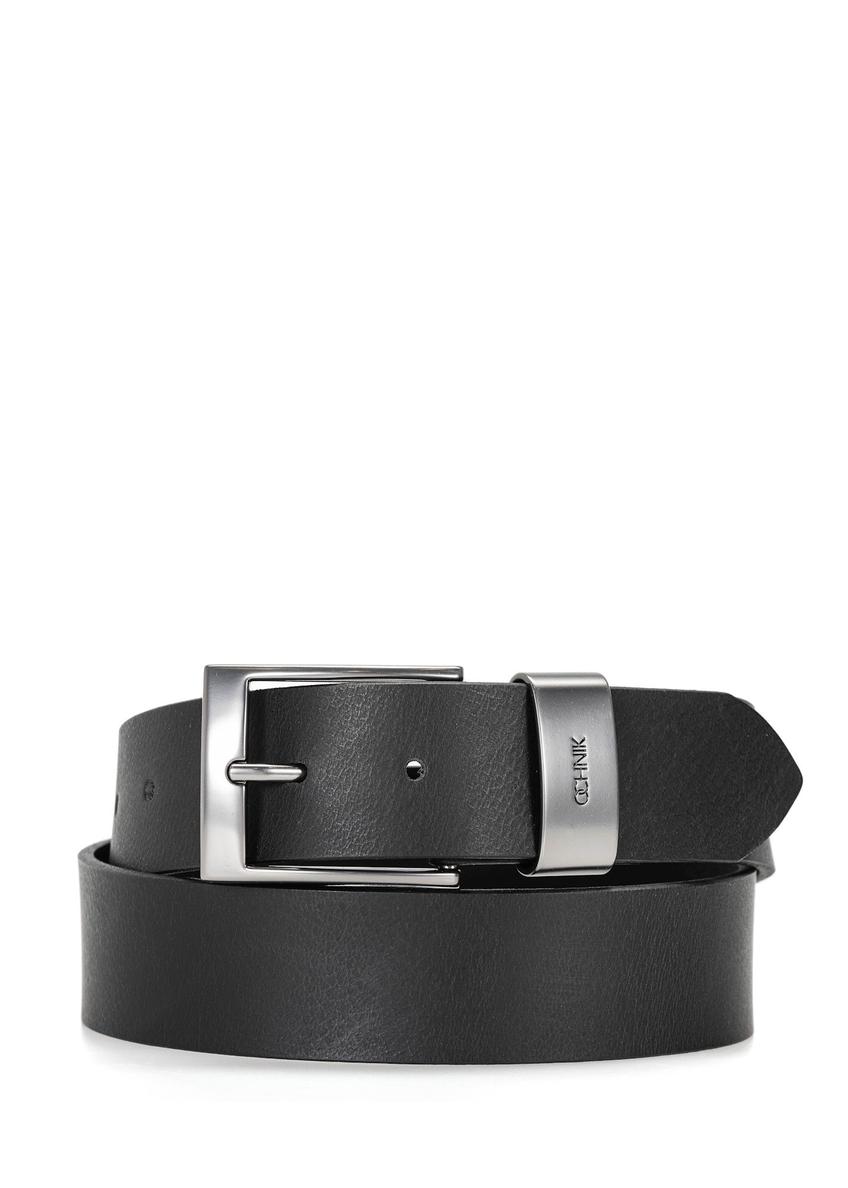 Men's black leather belt PASMS-0163-9P(W26), front product view on white background.