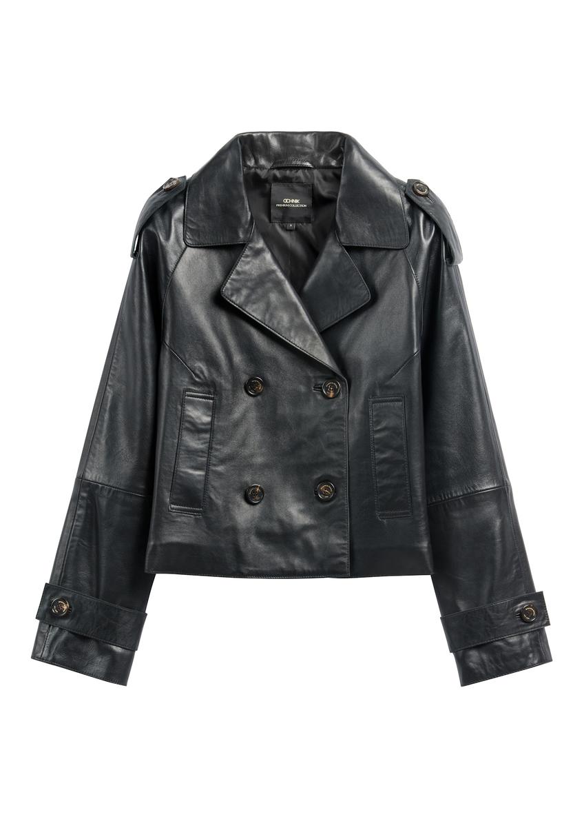 Black short oversize women's leather jacket KURDS-0540-99(W26)