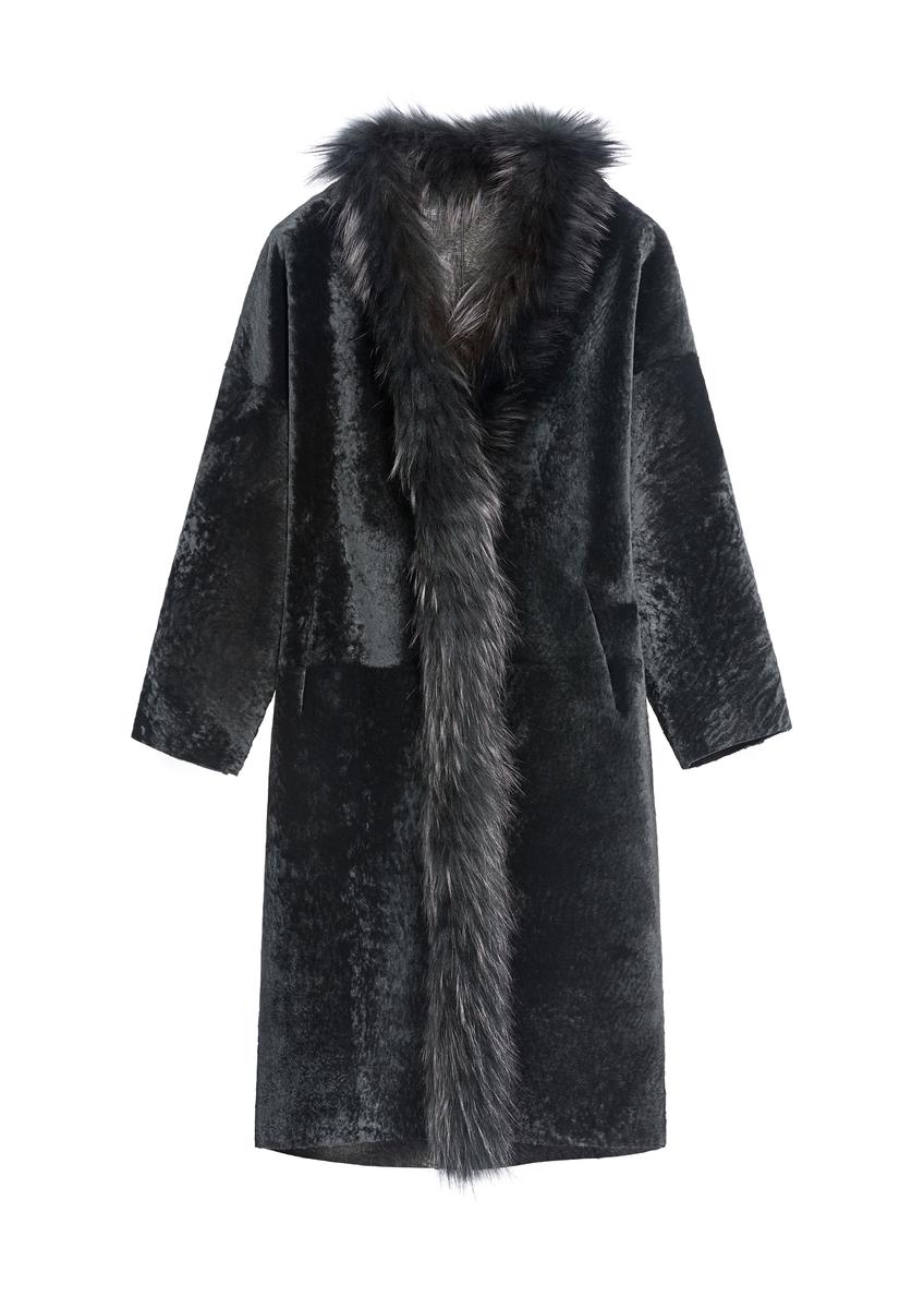 Black leather double-sided women's sheepskin coat KOZDS-0093-1396(Z25), product view from the front on a white background.