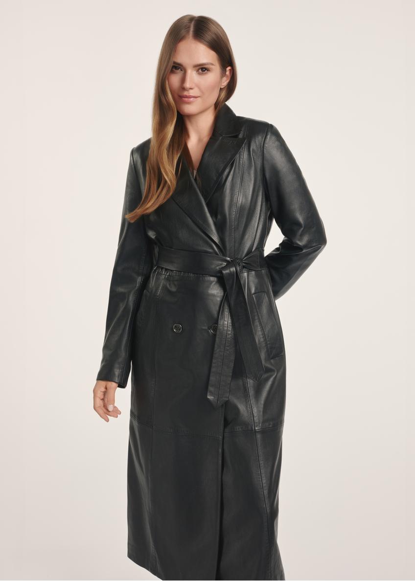 Black women's leather coat KURDS-0546-5344(Z25), product visible from the front on the model, visible half of the silhouette.