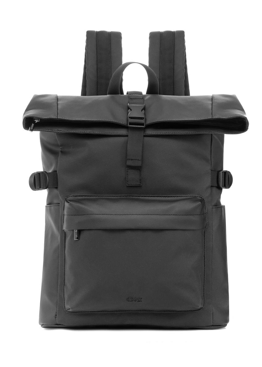 Black large backpack PLCMN-0015-99(Z25), product view front on white background.