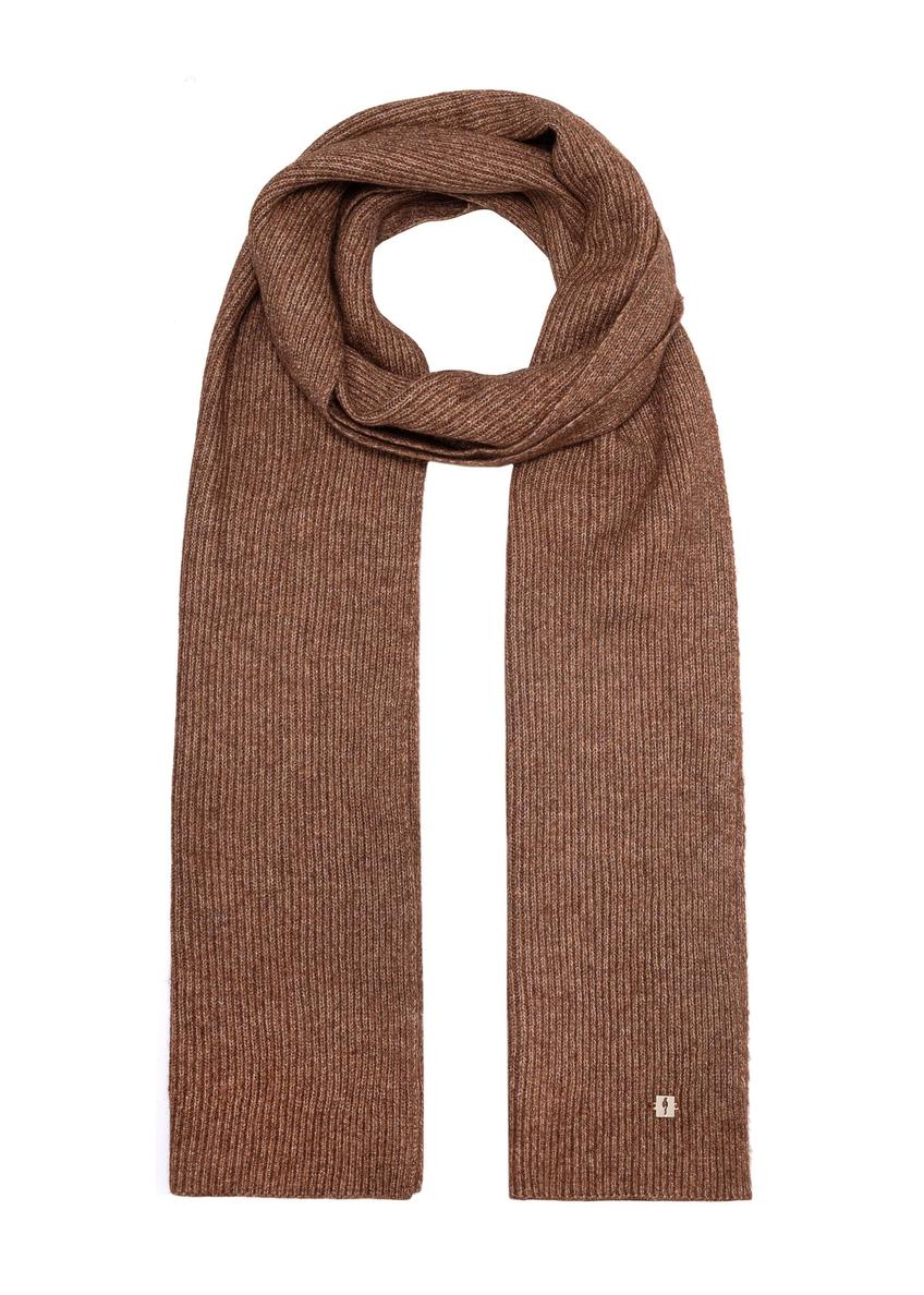 Brown women's scarf with a wool blend SZADT-0202-1H(Z26) - view of the rolled-up product on a white background.