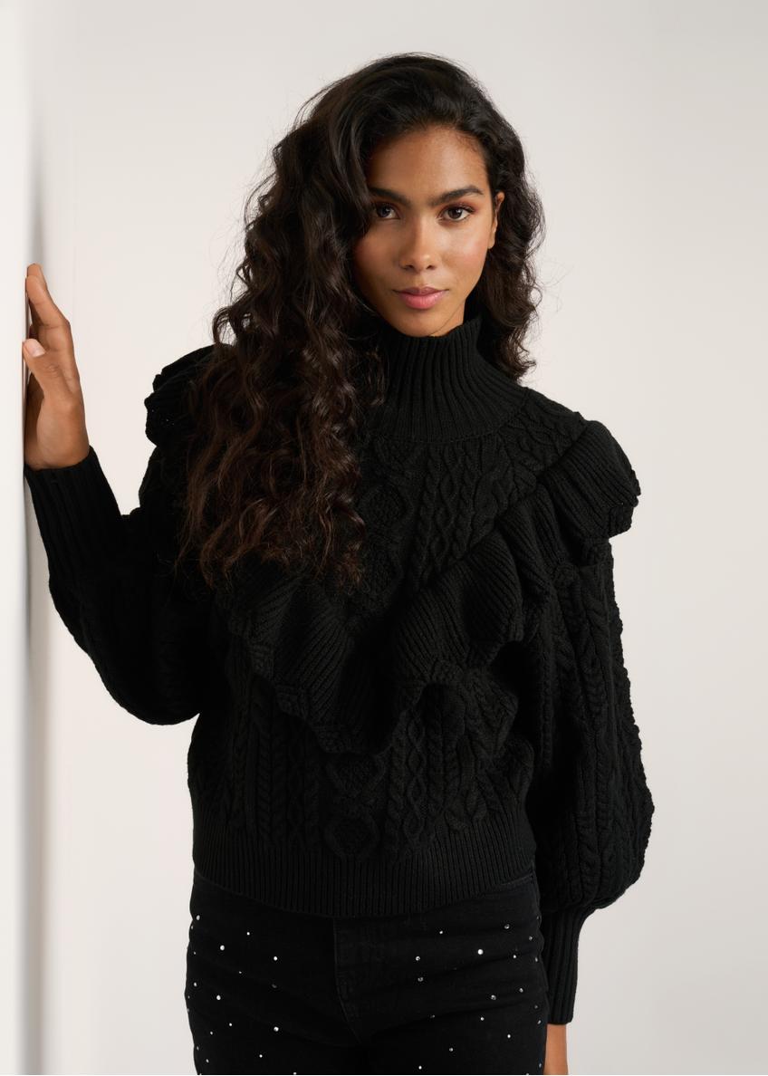 Women's black half turtleneck sweater SWEDT-0167-99(Z22)-01