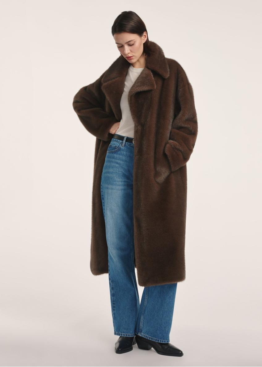 Long brown women's fur coat FUTDP-0072-1H(Z26)- front product view on white background.