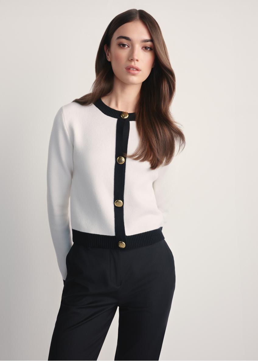 Women's white cardigan KARDT-0053-12(Z25), front view of the product on the model. Half of the silhouette visible.